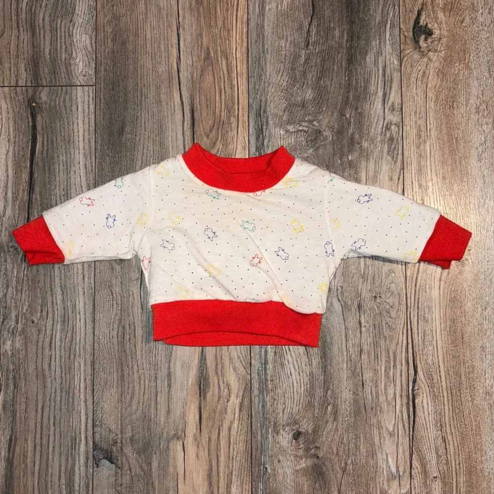 Vintage Reversible Baby Sweatshirt Blue White Bunny Applique Print Red Trim